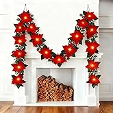 2 Pack Pre-Lit Artificial Christmas Garlands with Flowers, 13 Feet Velvet Silk Poinsettia Holly Garlands with Berries, Holiday Decoration for Indoor/Outdoor Home Mantel Fireplace (with Led Lights)