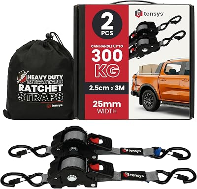 TENSYS Auto Retract Ratchet Straps Heavy Duty 300kg 2 Pack 3m 2.5mm Grey