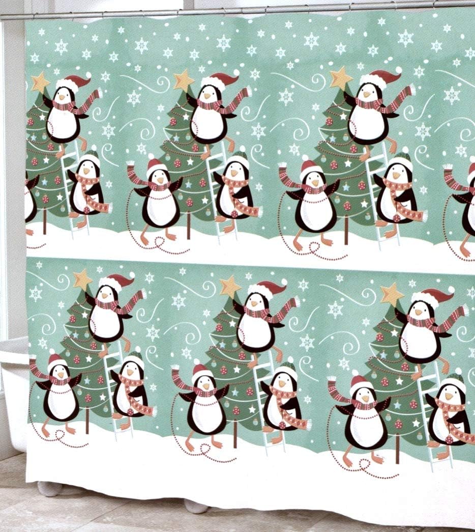 Amazon Com Whimsical Christmas Tree And Penguin Bathroom Decor Winter Aqua Blue Shower Curtain Home Kitchen