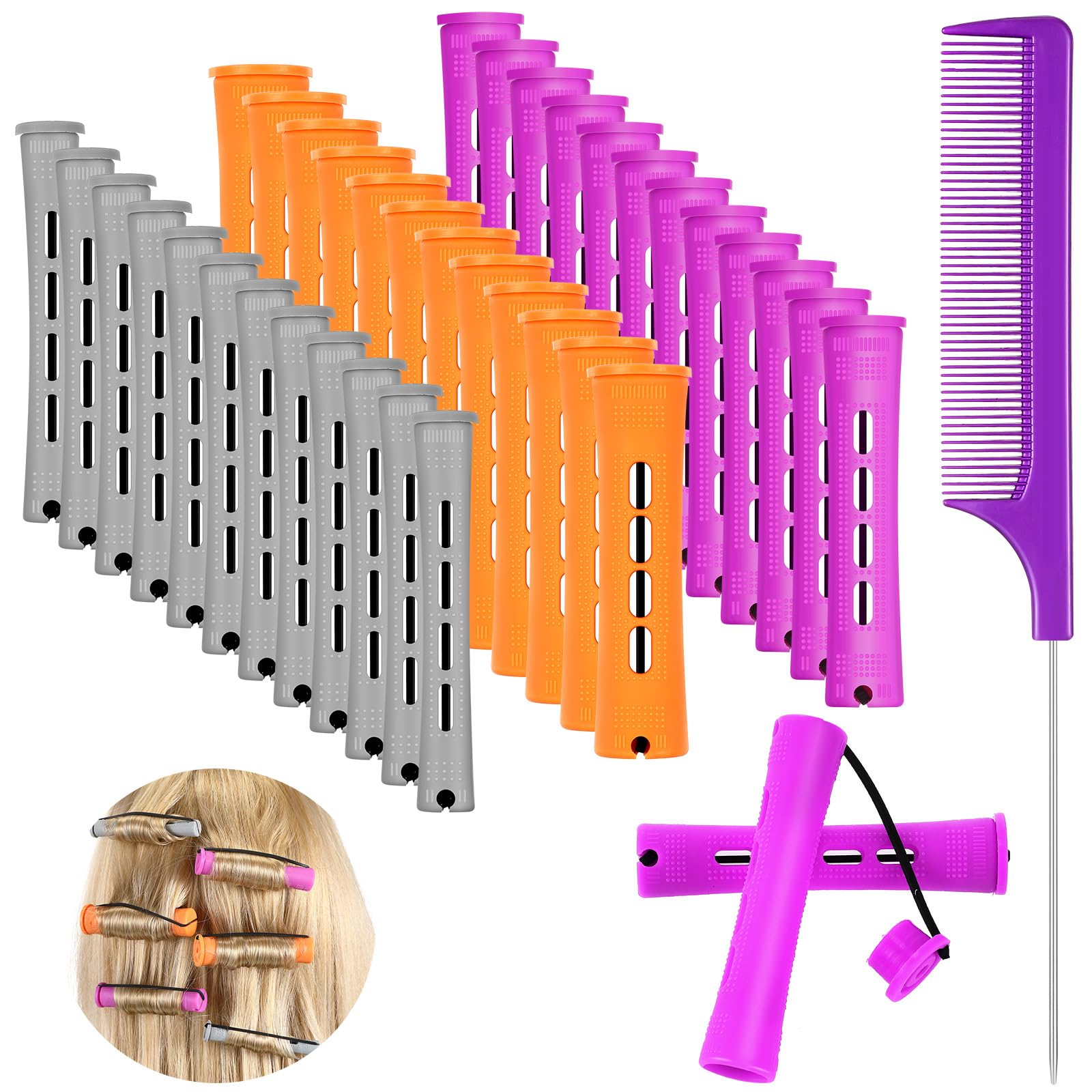 Photo 1 of WILLBOND 36 Pieces Cold Wave Rod Hair Perm Rods Hair Rollers Perming Curlers with Steel Rat Tail Comb for Hairdressing Styling(Purple, Gray, Orange,0.87 Inch, 0.75 Inch,0.59 Inch)