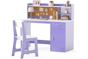 HONEY JOY Kids Desk and Chair Set, Large Wooden Children School Study Table and Chair w/Drawer, Hutch, Storage Shelves, Stude