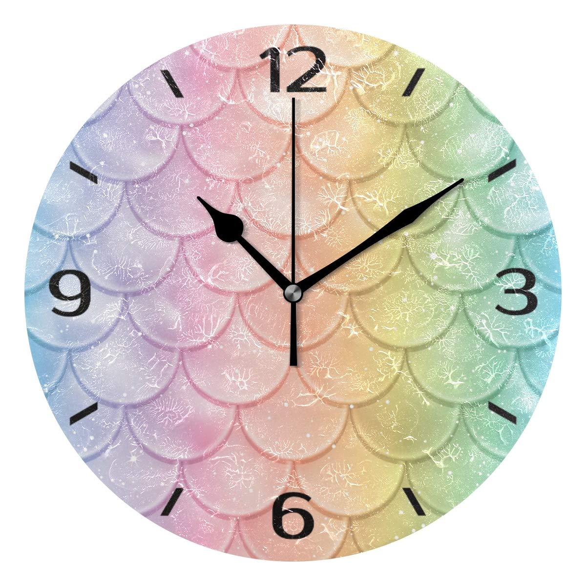ALAZA 25cm Silent Round Wall Clock, Rainbow Fish Mermaid Scales Non Ticking Clock for Living Room Kitchen Bedroom Office Decorative with Desktop Stand