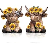 Wesiti 2 Pcs Highland Cow Figurines, Sunflower Resin Statue Desktop Decor | Sitting Cow Statue with Gingham Bow, Farmhouse Kitchen Office Tiered Tray Ornaments, Spring Summer Gifts for Home Garden