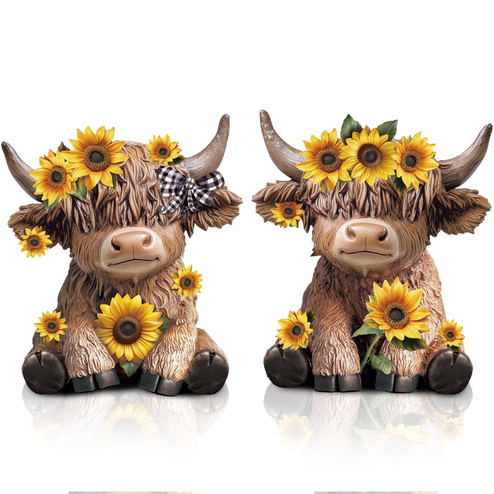 Wesiti 2 Pcs Sunflower Highland Cow Figurines Decor, Cute Spring Highland Cow Statue Farmhouse Desk Decorations Resin Gnomes Scottish for Home Garden Kitchen Office