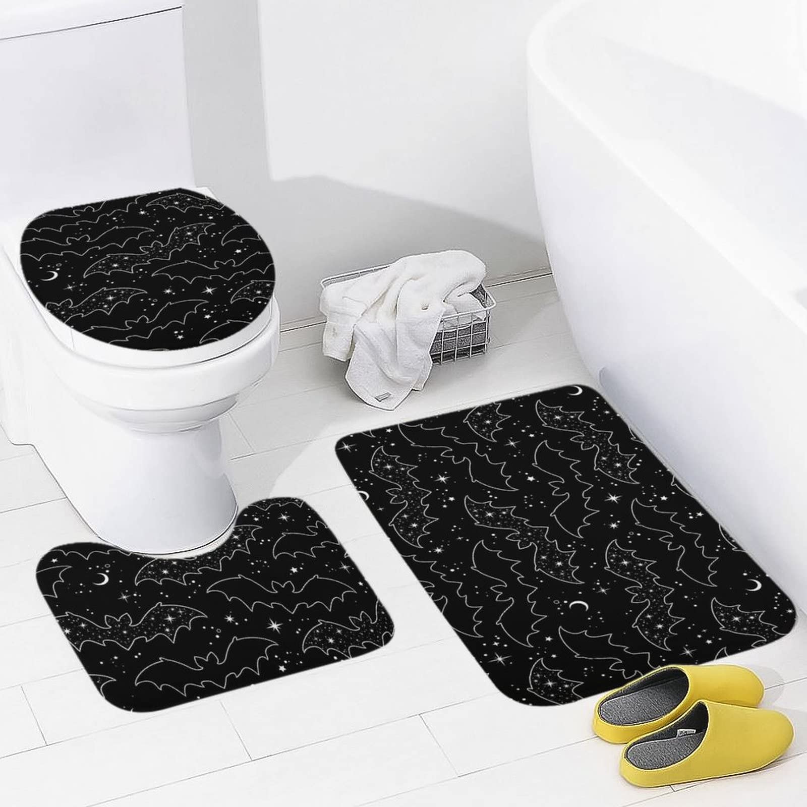 Condition photo showing New/Like New for black bats bath mat set, bathroom rugs for 3 pieces, toilet mats, soft comfortable, water absorption