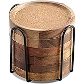WLWNWFT Coasters for Drinks Absorbent with Holder, Acacia Wood Cork Coaster for Coffee Table Wooden Table Coaster for Farmhouse Desk Extra Large Coasters, Set of 6