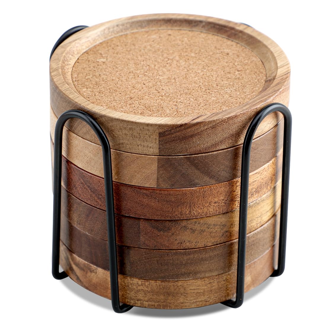 Wood Coasters for Drinks Absorbent with Holder, WLWNWFT Acacia Wood Cork Coaster Rustic Coasters for Coffee Table Dining Table Wooden Table Coasters for Farmhouse Desk, Set of 6