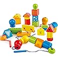Hape String-Along Shapes | Classic 32 Piece Wooden Block Stacking Game, Multi-Colored Lacing Toy