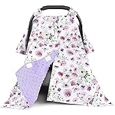 Baby Car Seat Cover, Soft Minky Warm Winter Car Seat Canopy for Infants & Toddlers, Opening with Adjustable Strap, Breathable Nursing Cover & Stroller Blanket, Purple Flowers (Fits Most Car Seats)