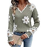 Dokotoo Women's Fall Sweaters 2025 Long Sleeve V Neck Casual Tops Ribbed Knit Comfy Fuzzy Pullover Floral Sweater