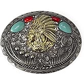 Native American Indian Chief Head Belt Buckle for Men Indian Tribal Chief Turquoise Belt Buckle, Chief Warrior Head Oval Belt Buckle Men’s Vintage Indian Chief Head Western Belt Buckle Jewelry