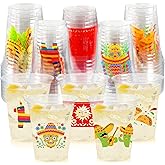 CUPLOOV 50Pcs Fiesta Cups,12 Oz Plastic Disposable Clear Mexican Cups with 5 Pattern Designs for Cinco De Mayo Drinkware Party Supplies Taco Birthday Party Decorations
