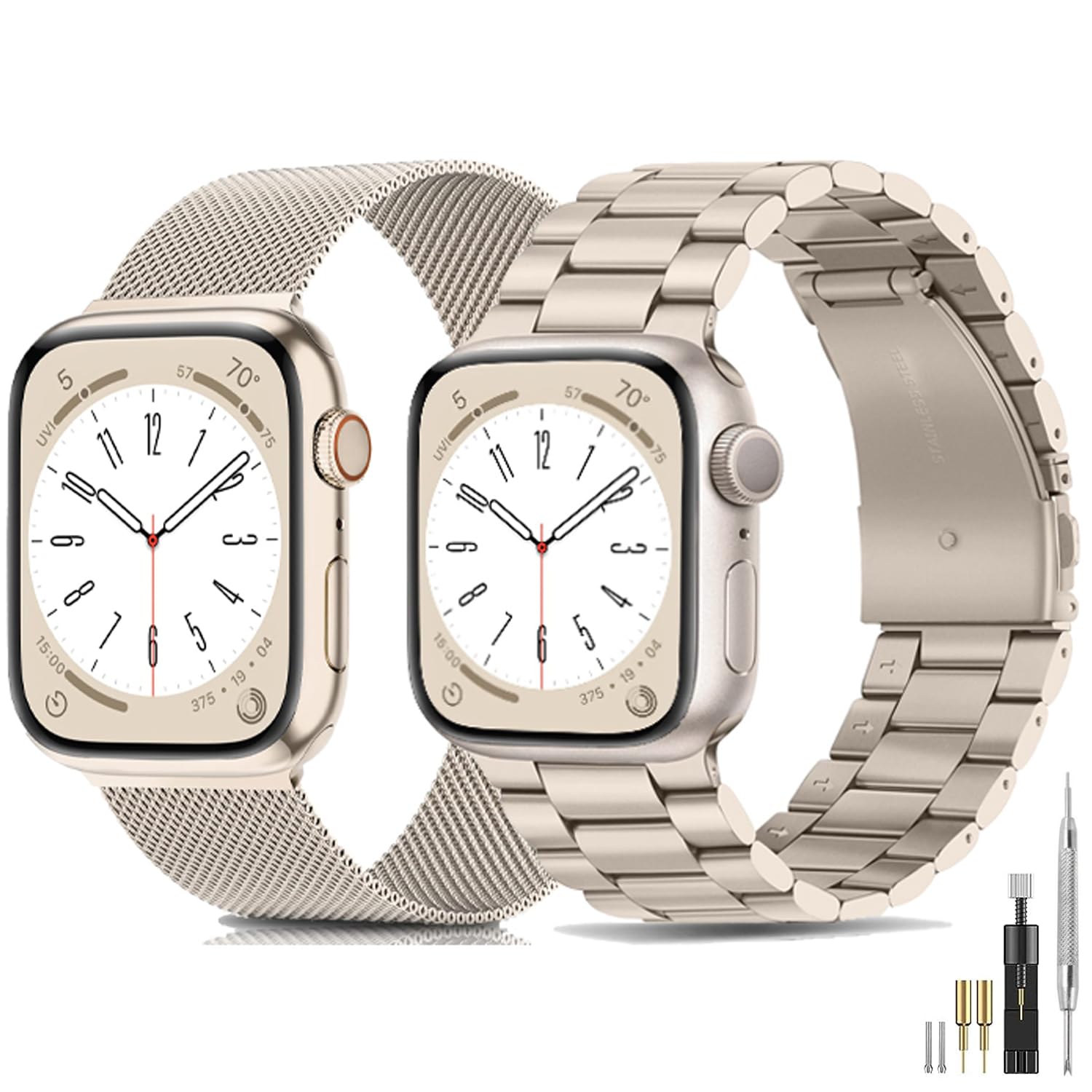 baklon 2 Pack Compatible with Apple Watch Strap 42/44/45mm,Stainless Steel Mesh Loop Replacement Wristband Compatible with iWatch Series Ultra2/Ultra/SE/SE2/9/8/7/6/5/4/3/2/1 Starlight