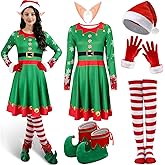 Breathffy 10 Pcs Christmas Elf Costumes for Women Christmas Elf Outfit Dress Shoes Accessories for Adult Holiday Cosplay