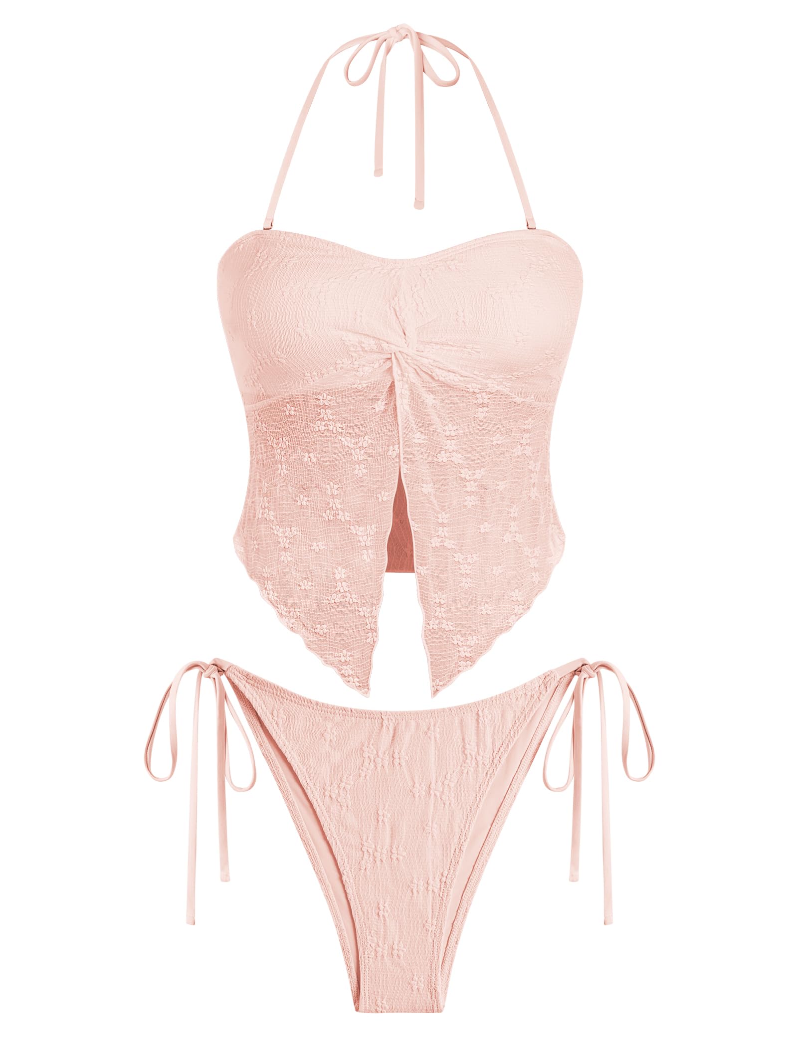 Photo 1 of ZAFUL Floral Twist Bikini Set for Women Halter Tankini Tie Side String Swimsuit Two Piece Bathing Suit 0-Lace Pink S