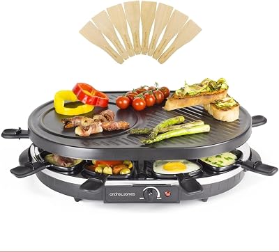 Andrew James 8 Person Traditional Raclette Grill 1200W with 8 Pans