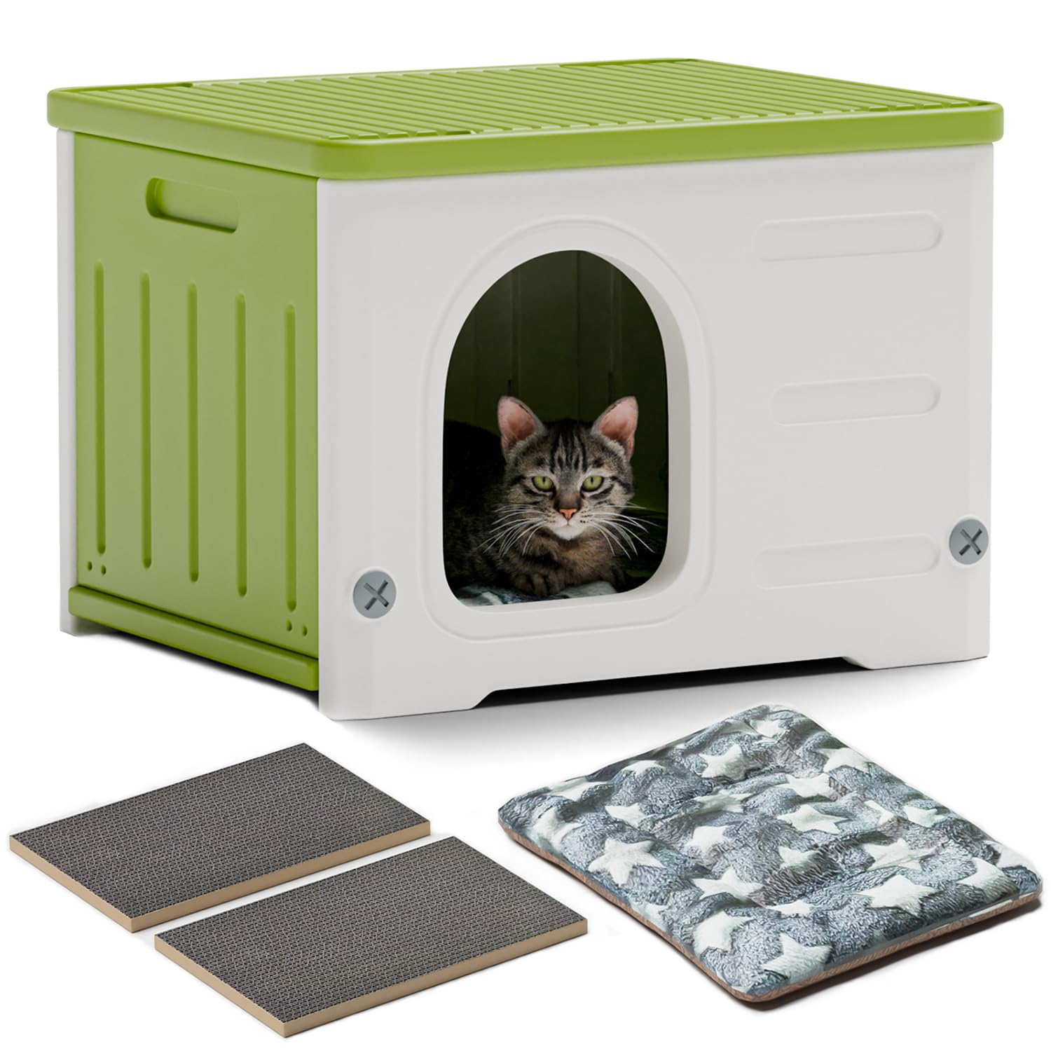 Photo 1 of Plastic Cat House for Outdoor Indoor Use, Stackable Feral Cat Shelter Indoor Cat House Insulated Weatherproof Waterproof Elevated with Cat Scratching Board & Cushion (Green)
