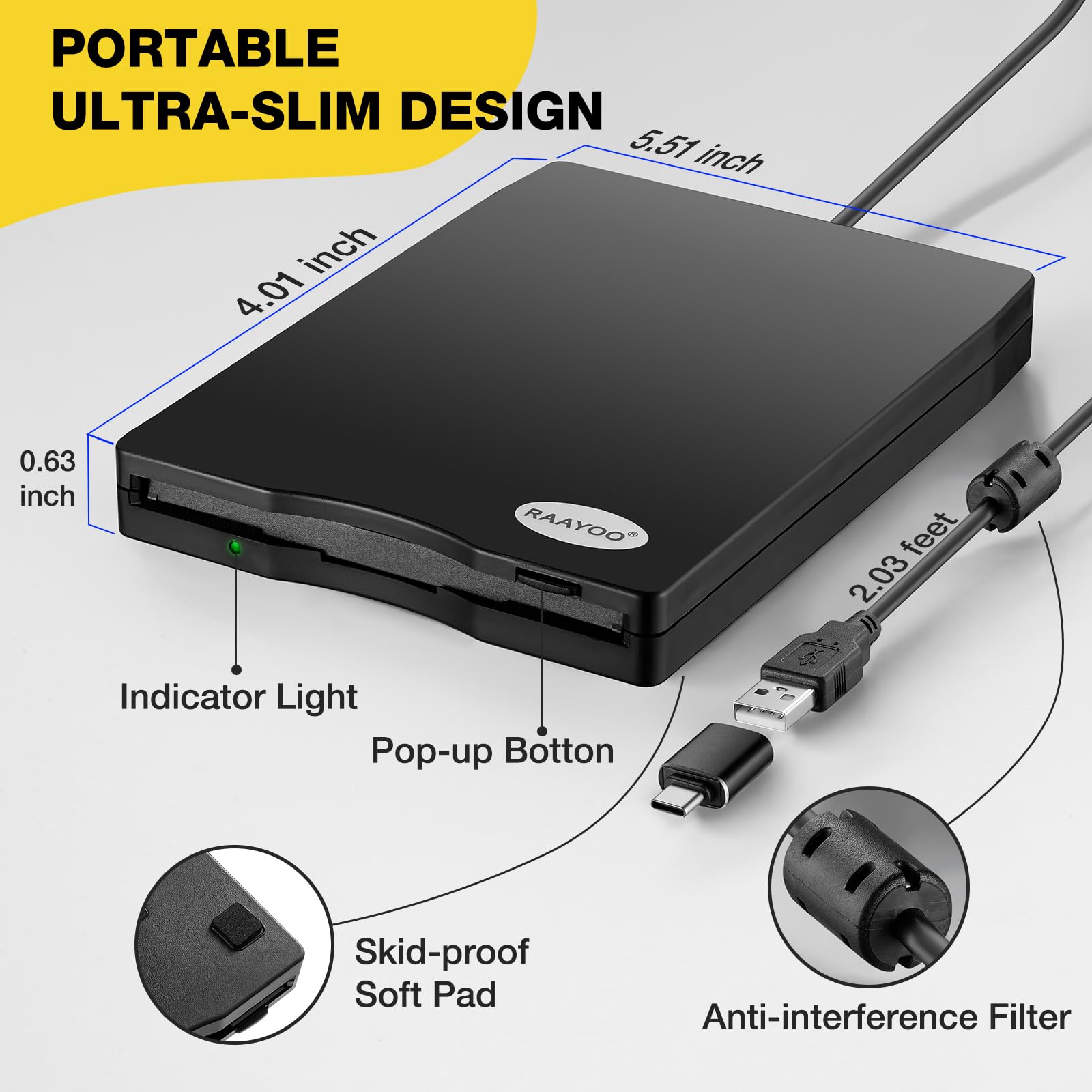 RAAYOO USB Floppy Disk Reader, 3.5 inch External Portable 1.44 MB FDD Floppy Disk Drive for Windows 11/10/8/7/2000/XP PC Laptop Desktop Notebook Computer