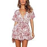 Relipop Women's Floral Rompers Jumpsuits V Neck Short Baggy Sleeve Waist Tie Double Layer Ruffle Hem Romper 2026 Trendy