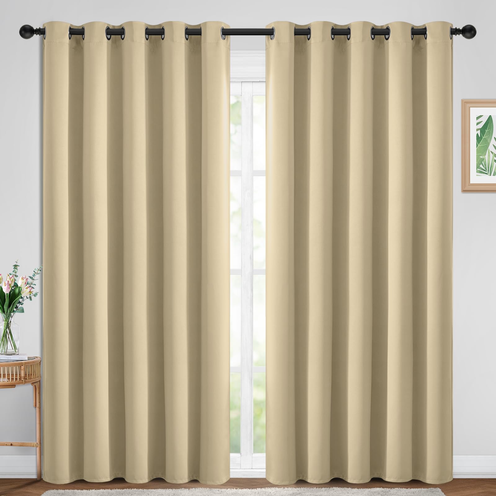Yakamok Room Darkening Grommet Window Drapes Thermal Insulated Light Blocking Beige Blackout Curtains for Bedroom(70Wx84L, Beige, 2 Panels) Image