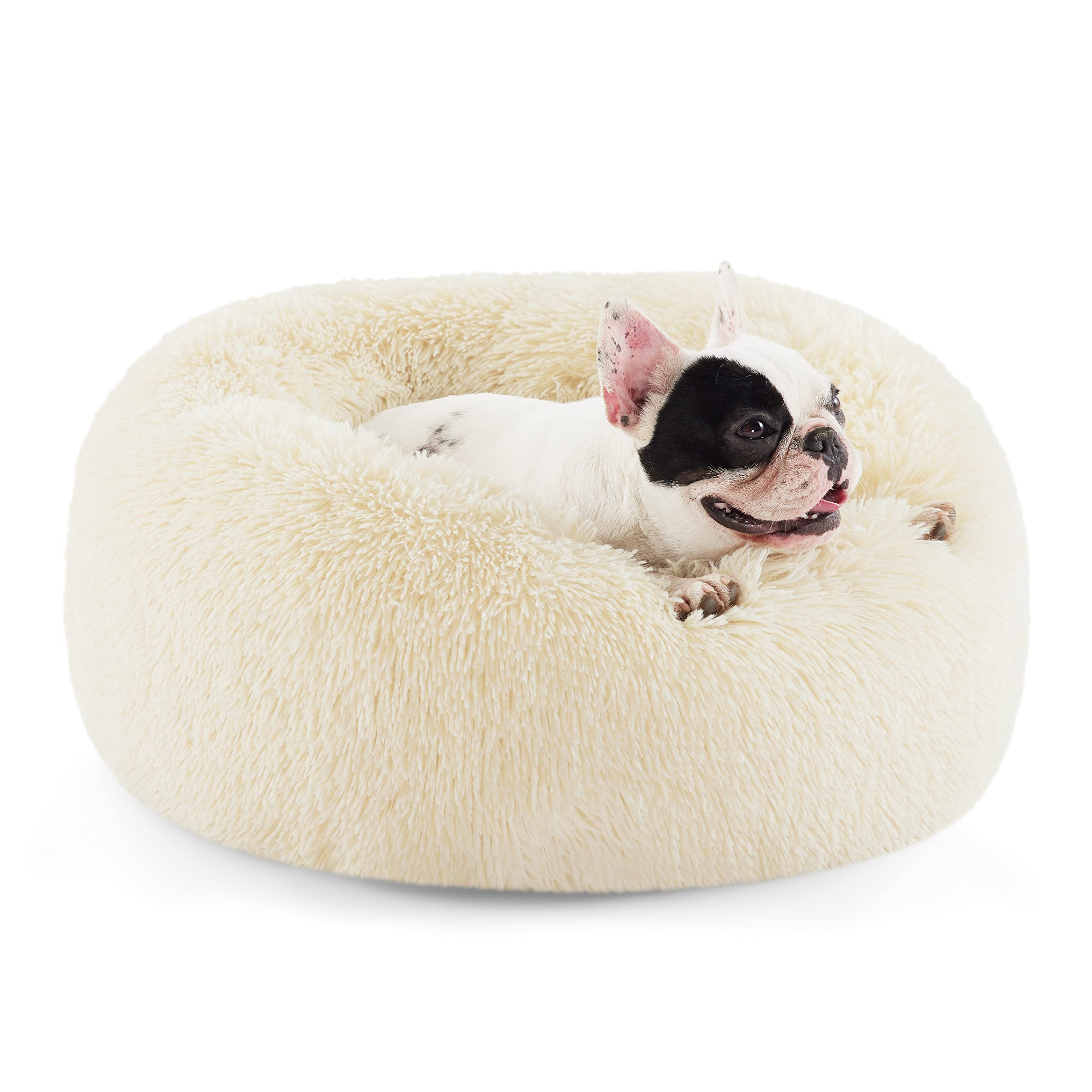 Photo 1 of Bedsure Calming Dog Bed for Small Dogs - Donut Washable Small Pet Bed, Round Anti-Slip Fluffy Plush Faux Fur Large Cat Bed, Fits up to 25 lbs Pets, Cream, 23 inches