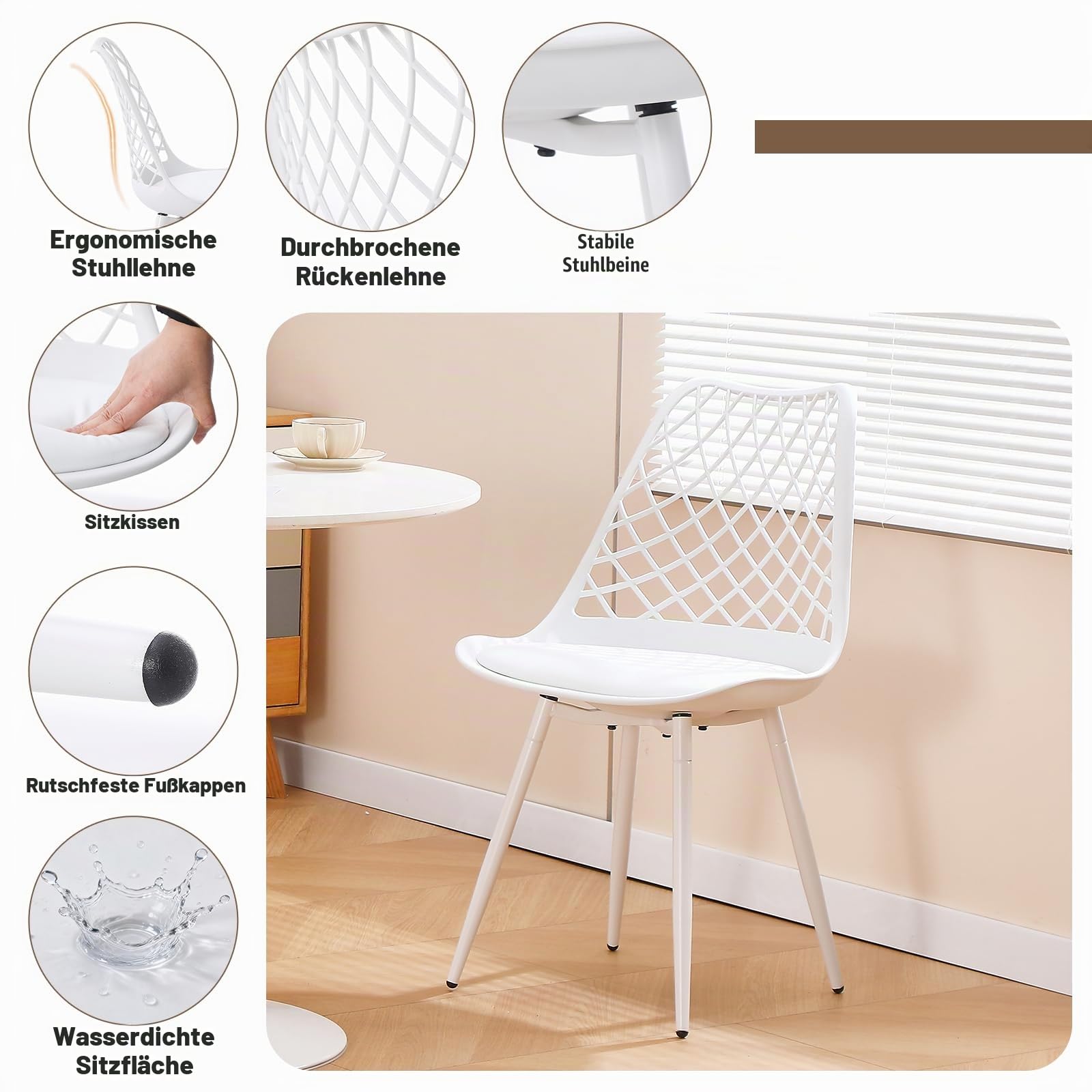CHAIRABLE Esszimmerstühle 4er Set, Küchenstühle, Polsterstuhl für Esszimmer, Wohnzimmer, Garten und mehr, White 3