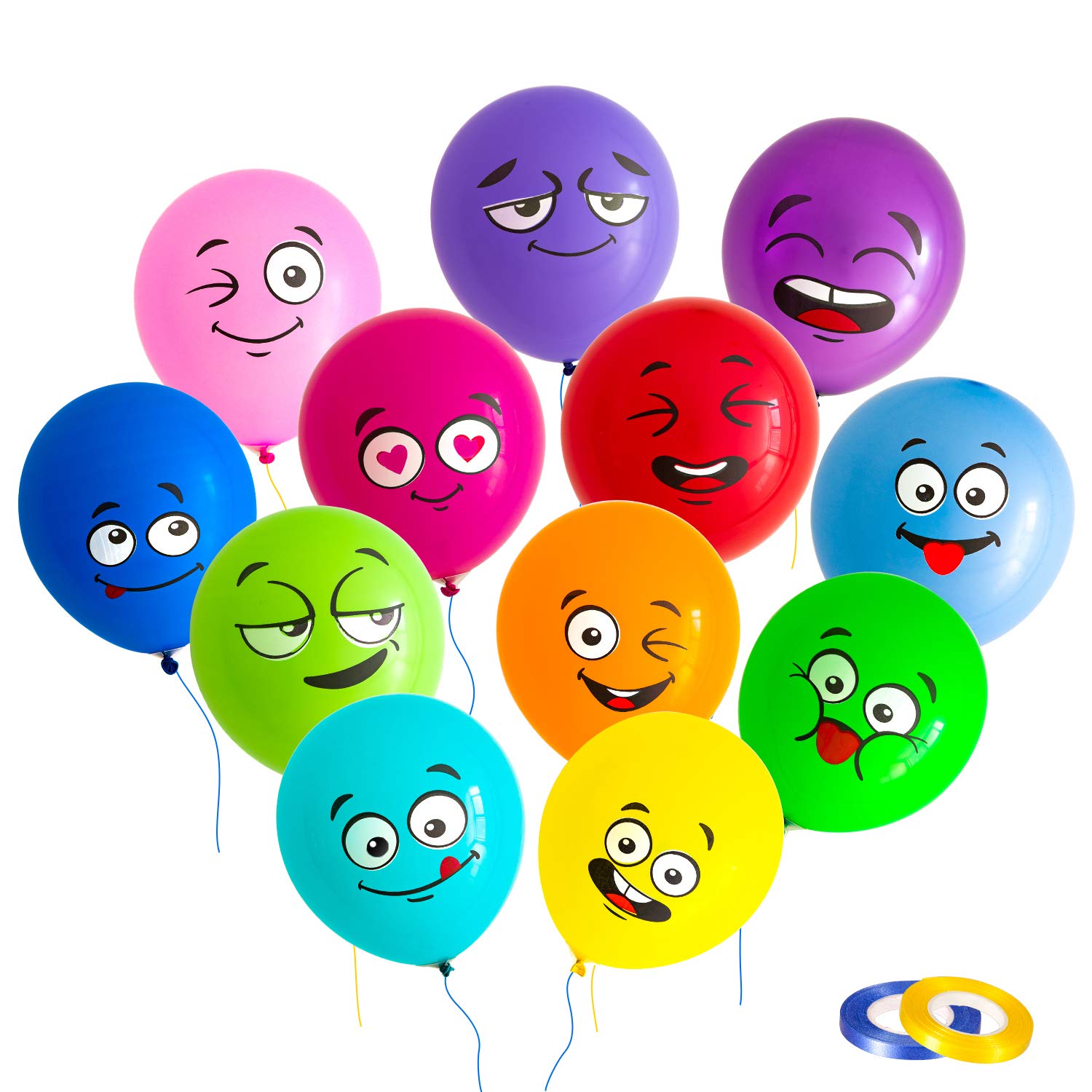 Whaline 48Pcs Emotion Series Latex Balloons Cute Funny Smiley Face Balloon 12 Colors Balloon with 2 Ribbons for Kids Girl Boy Birthday Baby Shower Wedding Ceremony Holiday Party Supplies, 12Inch