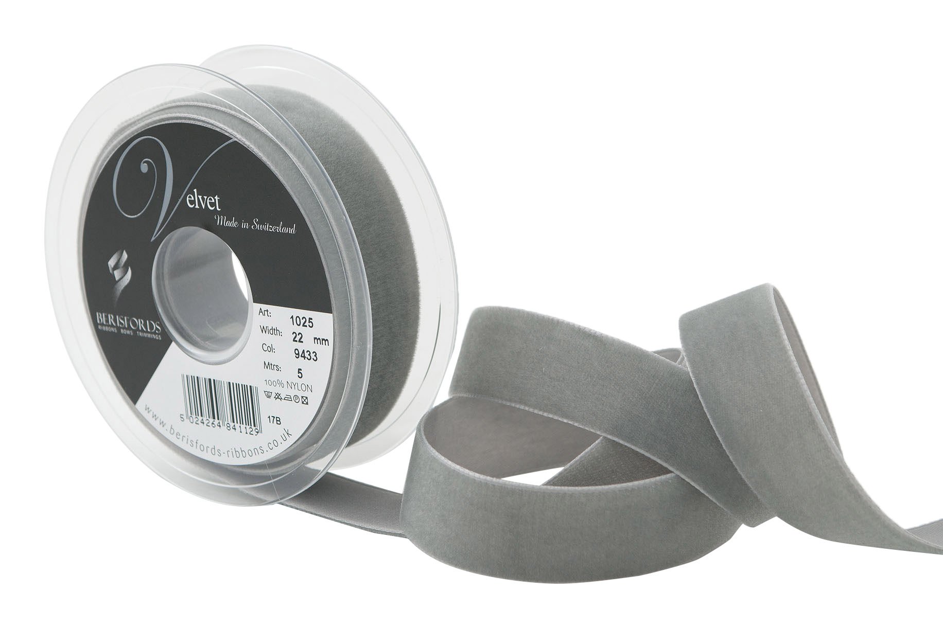 Berisfords Velvet Ribbon, Grey, 102 x 30 x 102 cm โ image 1