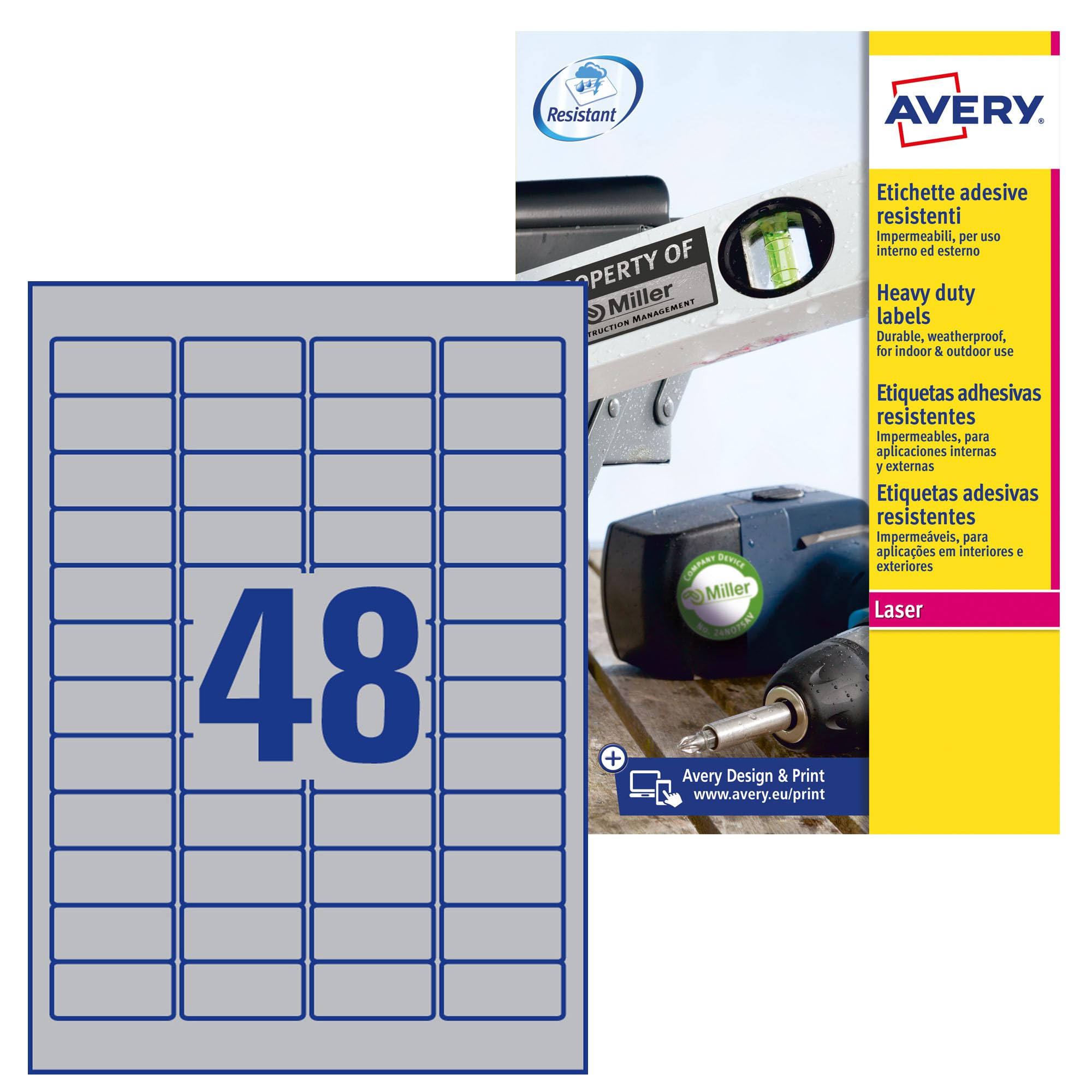 Avery Zweckform L6009-8 Type Plate Foil Labels 45.7 x 21.2 mm on DIN A4, Extremely Strong Self-Adhesive, Weatherproof Printable Adhesive Film, 384 Stickers on 8 Sheets Silver