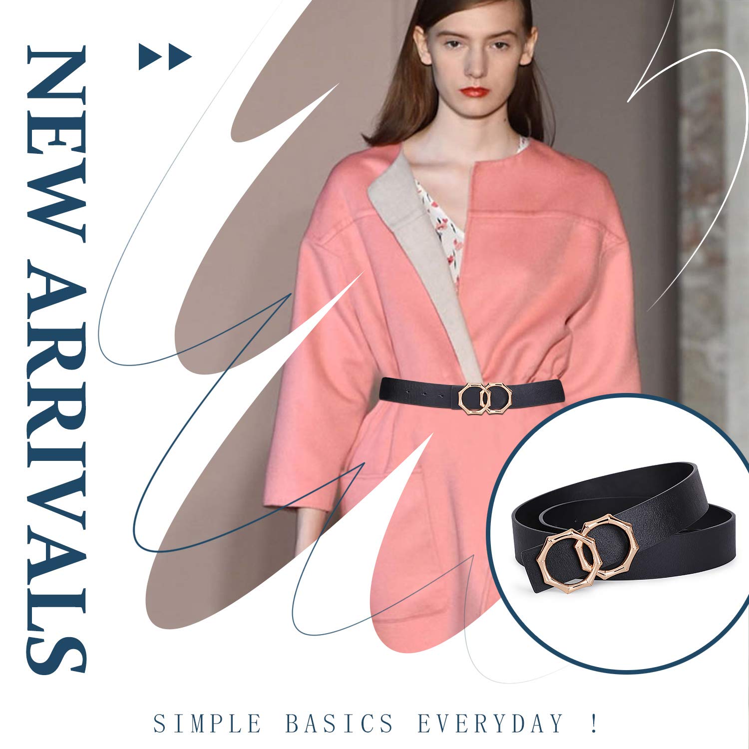 Women Leather Belt Double Ring Black Belt Fashion Golden Designer Buckle Belt for Jeans, Pants, Dresses, Shorts