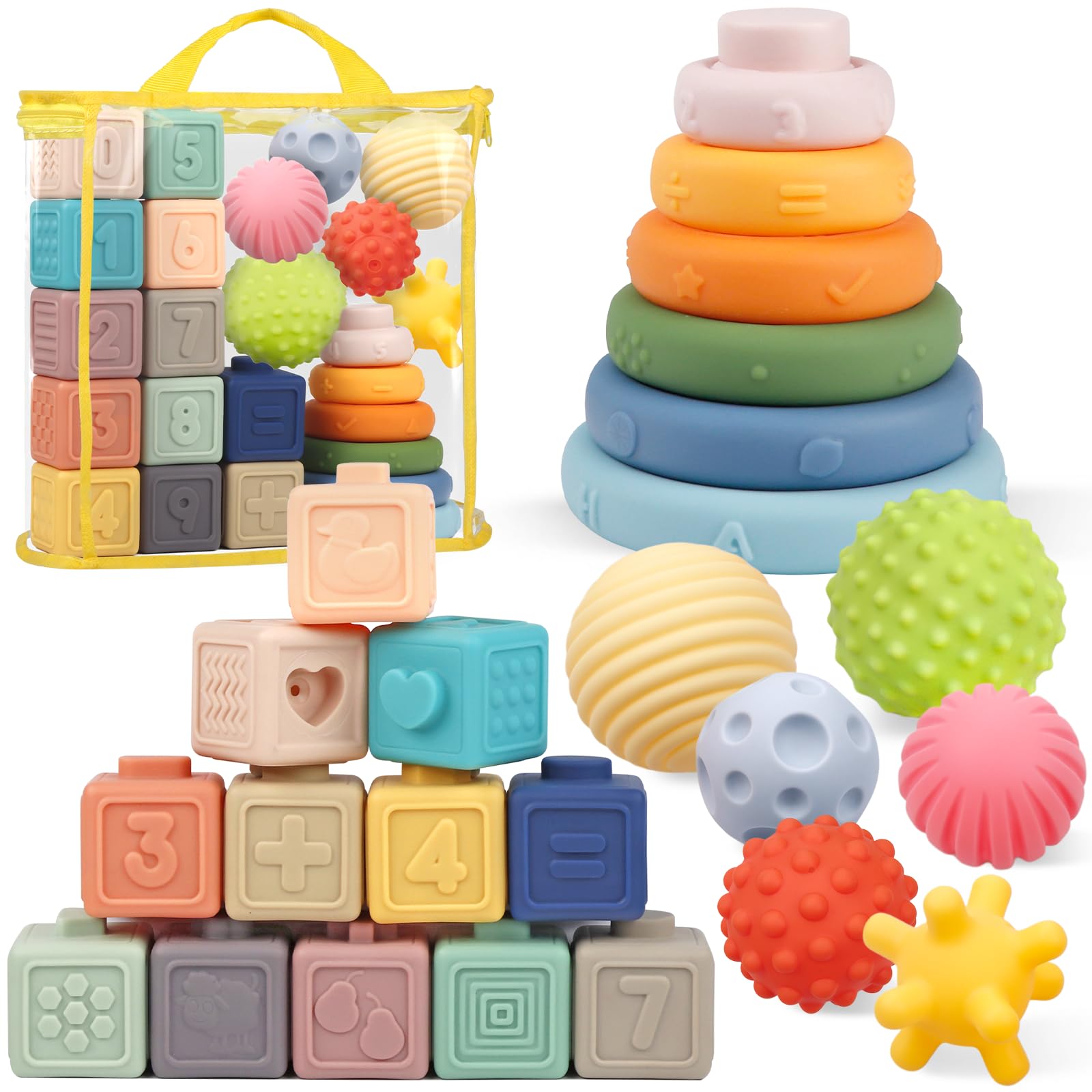 Plunack Sensory Toys Baby Blocks - 24Pcs Soft Building Blocks, Montessori Stacking Blocks & Teething Toys for Babies 6 9 12 Months, Educational Squeeze Sensory Play Toys Gifts for 1 2 3 Year Old