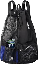 WANDF Swim Bag Mesh Drawstring Backpack with Wet Pocket XL Black