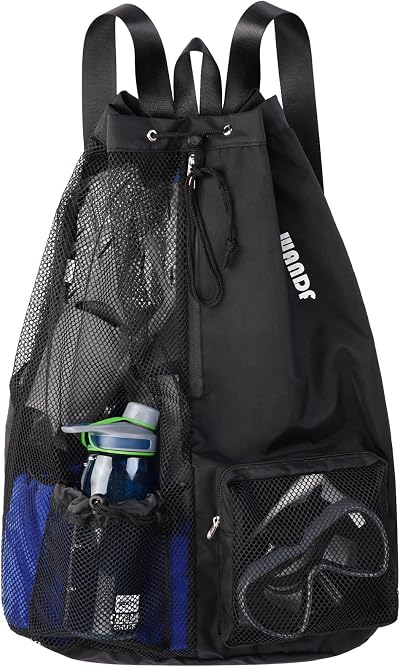 WANDF Swim Bag Mesh Drawstring Backpack with Wet Pocket XL Black
