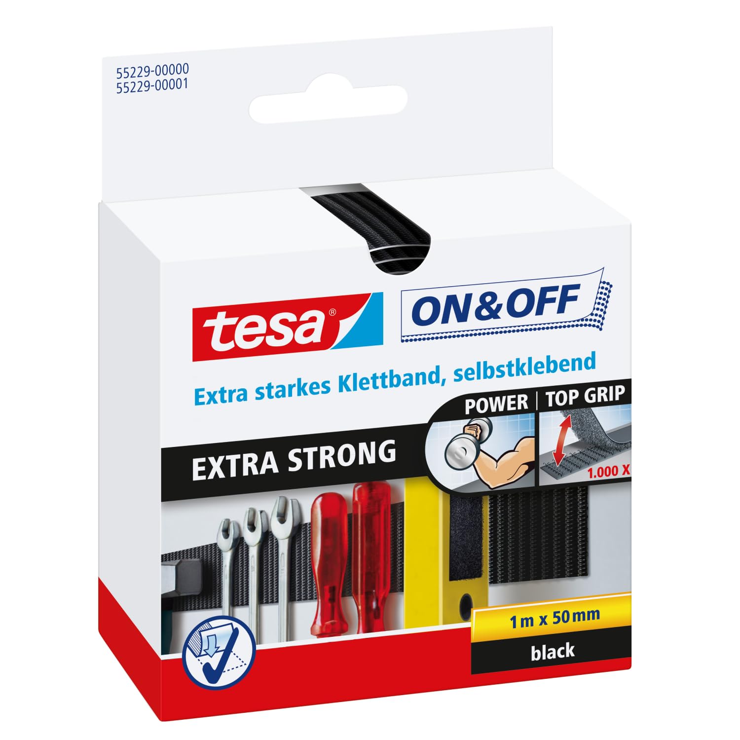 tesa UK On and Off Hook and Loop Extra Strong Tape, 1 m x 50 mm - Black, 55229-00000-02