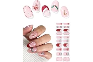 AutyaMee Semi Cured Gel Nail Strips (Cute Christmas), Red Santa Hat, 20 Pcs Gel Nail Wraps, Stickers, Wreath, Snowflake, Candy Cane, Works with Any UV Lamps
