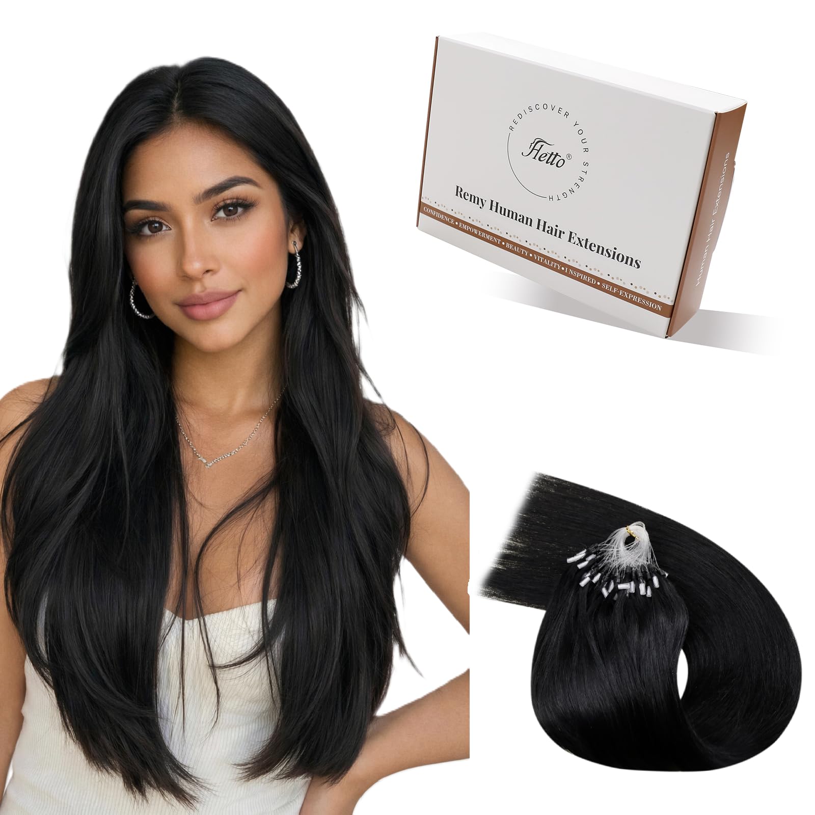 Hetto Micro Beads Hair Extensions Real Human Hair Black 18 Inch - Straight Micro Rings Micro Loop Remy Extension, Seamless Remy Hairpieces for Women Daily Wear 50g 50strands #1