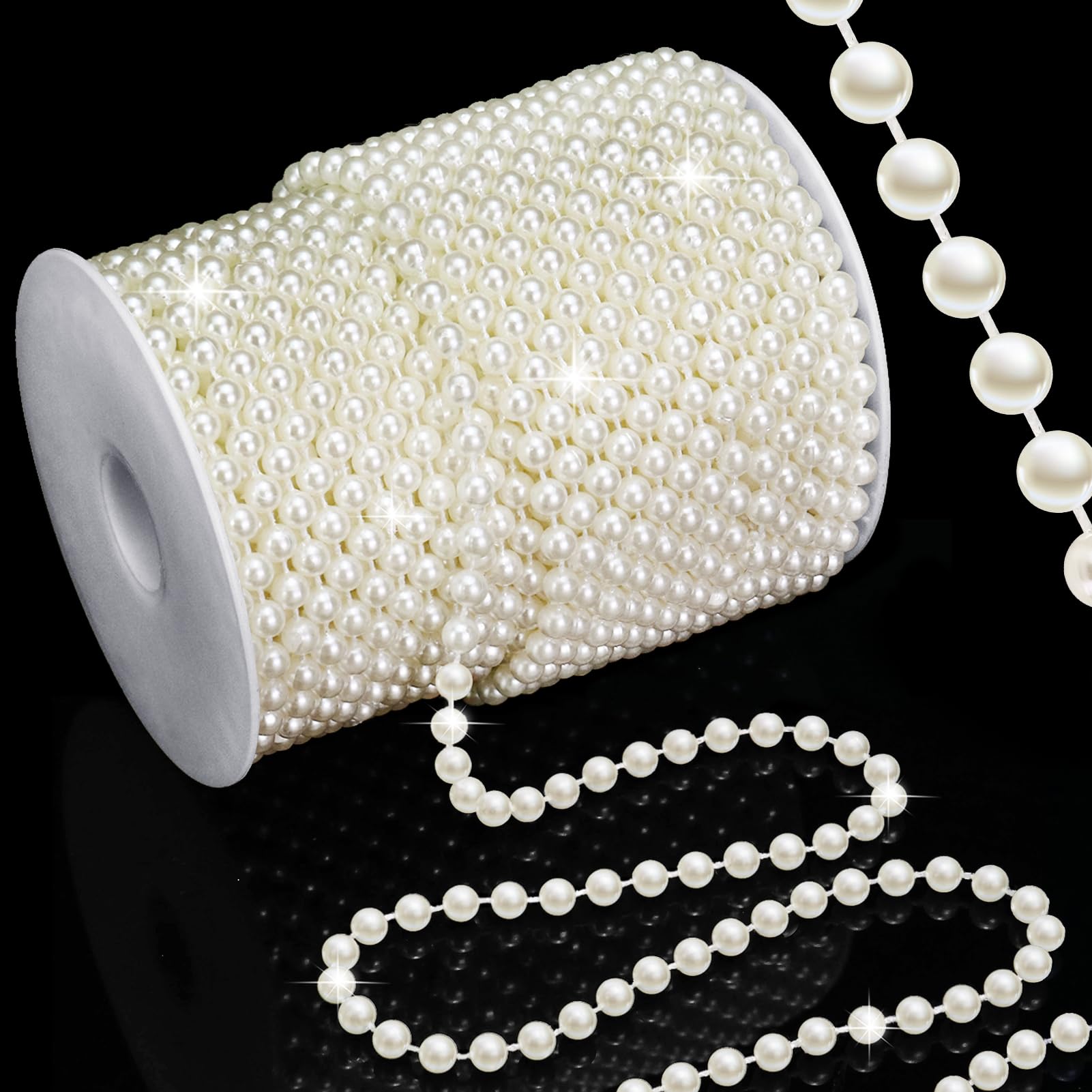 Photo 1 of Towenm 99 Feet 6mm Pearl Strings Garland for Crafts, Artificial Pearl Beaded Trim Chain Roll Strands for Wedding Centerpieces Bouquet Party Decoration Christmas Tree Garland, Ivory