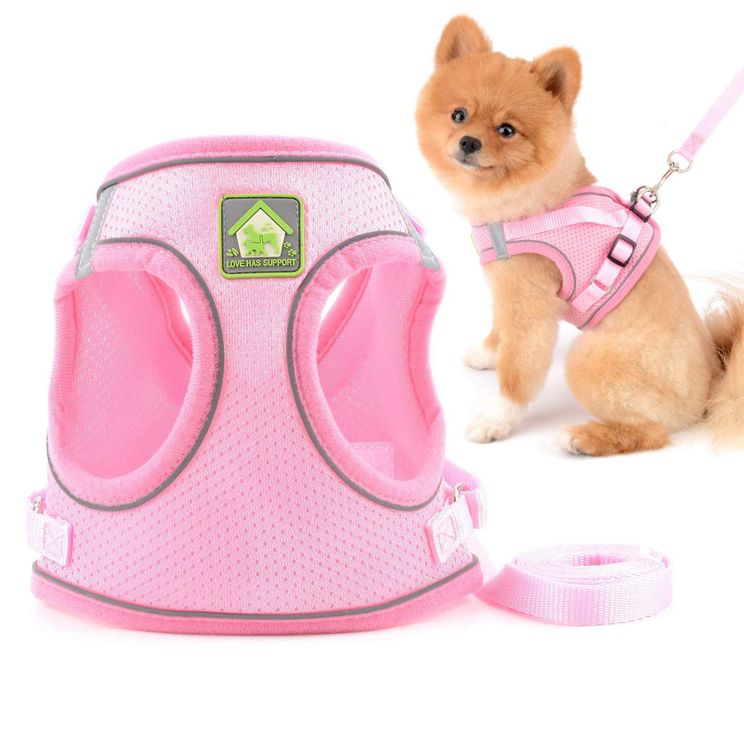 SMALLLEE_LUCKY_STORE Soft Mesh Step-in Small Dog/Cat Harness and Lead Set for Walking Reflective Puppy Vest Harness Outdoor Training,Pink,Size L