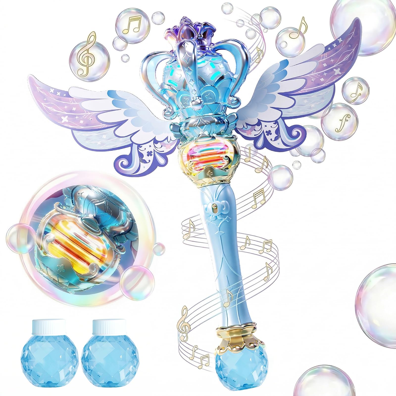 Uregoio Princess Bubble Wands Machine for Kids with Rotating Design, Outdoor Bubble Maker Toys for Kids Ages 4-8, Rechargeable Light Up & Music Fairy Wands, Party Birthday for 3+ Year Old Girls(Blue)