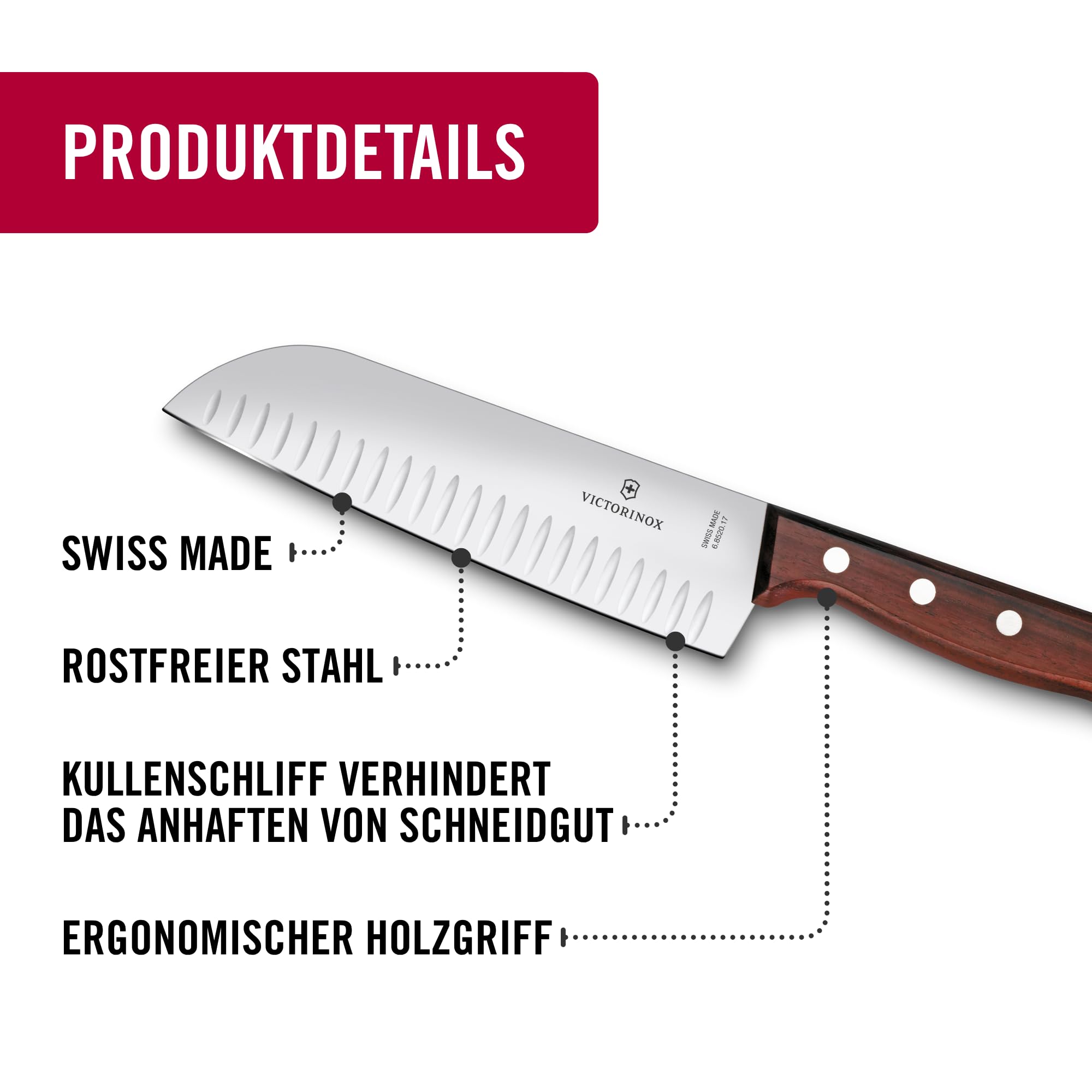 Victorinox Wood Santokumesser, Japanisches Kochmesser, 17 cm, Kullenschliff 4