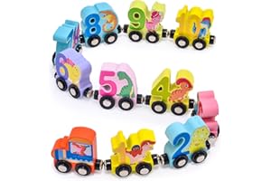 Atoylink 11 Pcs Wooden Dinosaur Train Set Toddlers Magnetic Number Train Toys Engine Train Cars Montessori Educational Toys Kids Boys Girls Age 3 4 5