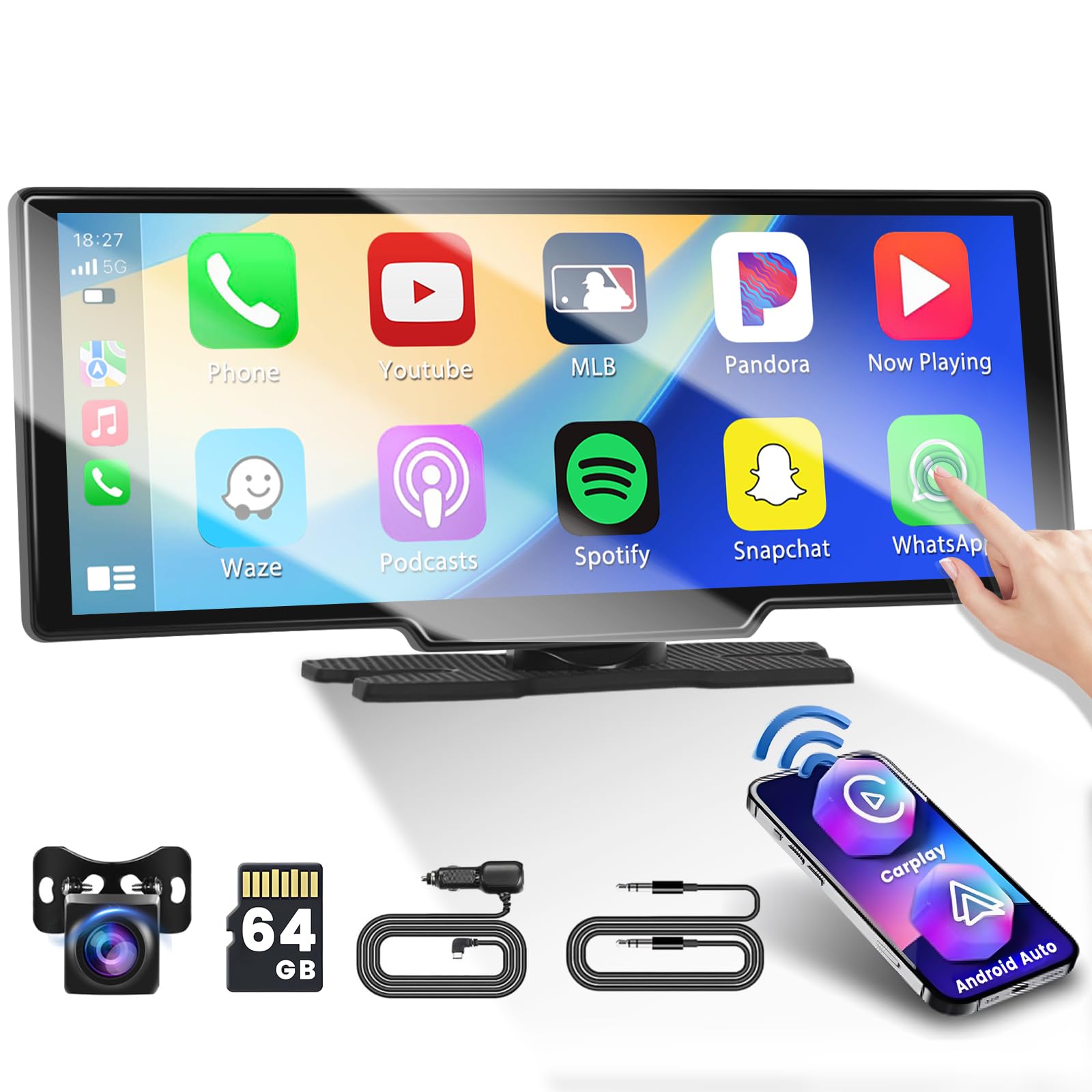 Photo 1 of Hikity Portable Wireless Carplay Android Auto 10.26'' Car Play Screen for Car 1080p Backup Camera Dash Mount Support Airplay roid Cast Bluetooth Navigation FM Transmitter 64G TF Card