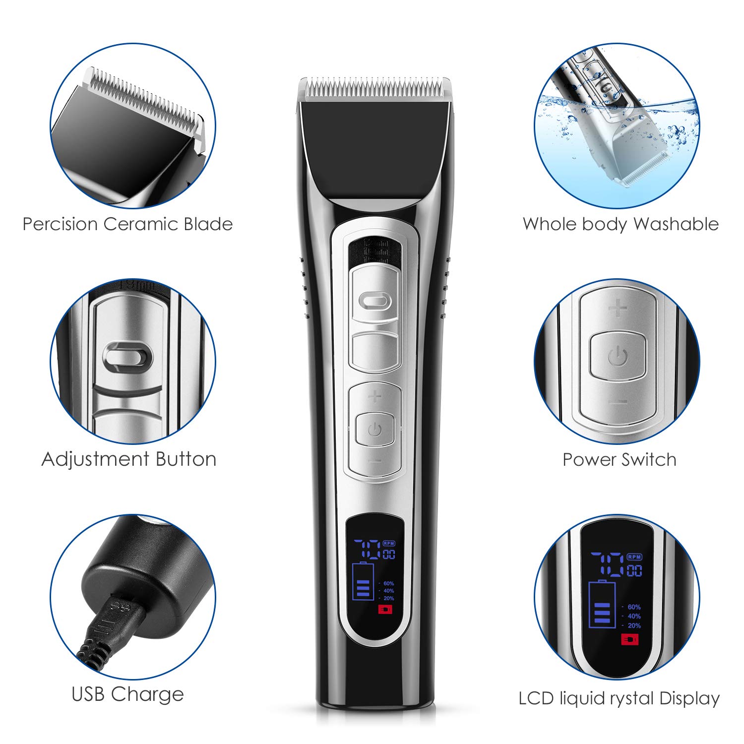 Mens Cordless Hair Clippers, Professional 5-in-1Rechargeable Hair Clippers Kit with Low Noise, Superior Long Service Life/Barbering/Grooming/Trimming, With LED Display Best Hair Clippers for Men : Beauty