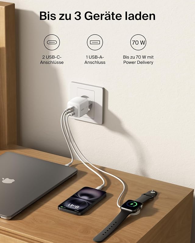 BoostCharge Pro 70W 3-Port GaN Ladegerät USB C mit Reisestecker-Set