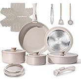 Chef Power Ceramic Nonstick Pots and Pans Set 19 Piece with Detachable Handle, Induction Dishwasher Oven Safe Cookware Set, RV Kitchen Set Removable Handle, Mocca Taupe