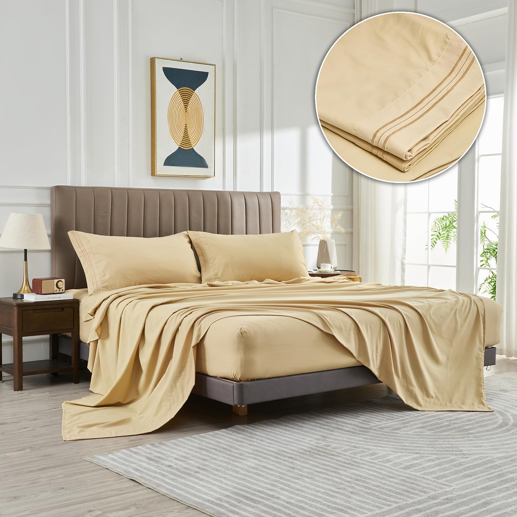 WODFAMY Microfiber Easy Fit Twin Size Bed Sheet Set Extra Soft Deep Pockets Luxury Hotel 3 Piece Set Beige Bed Sheets Twin Sheets Image