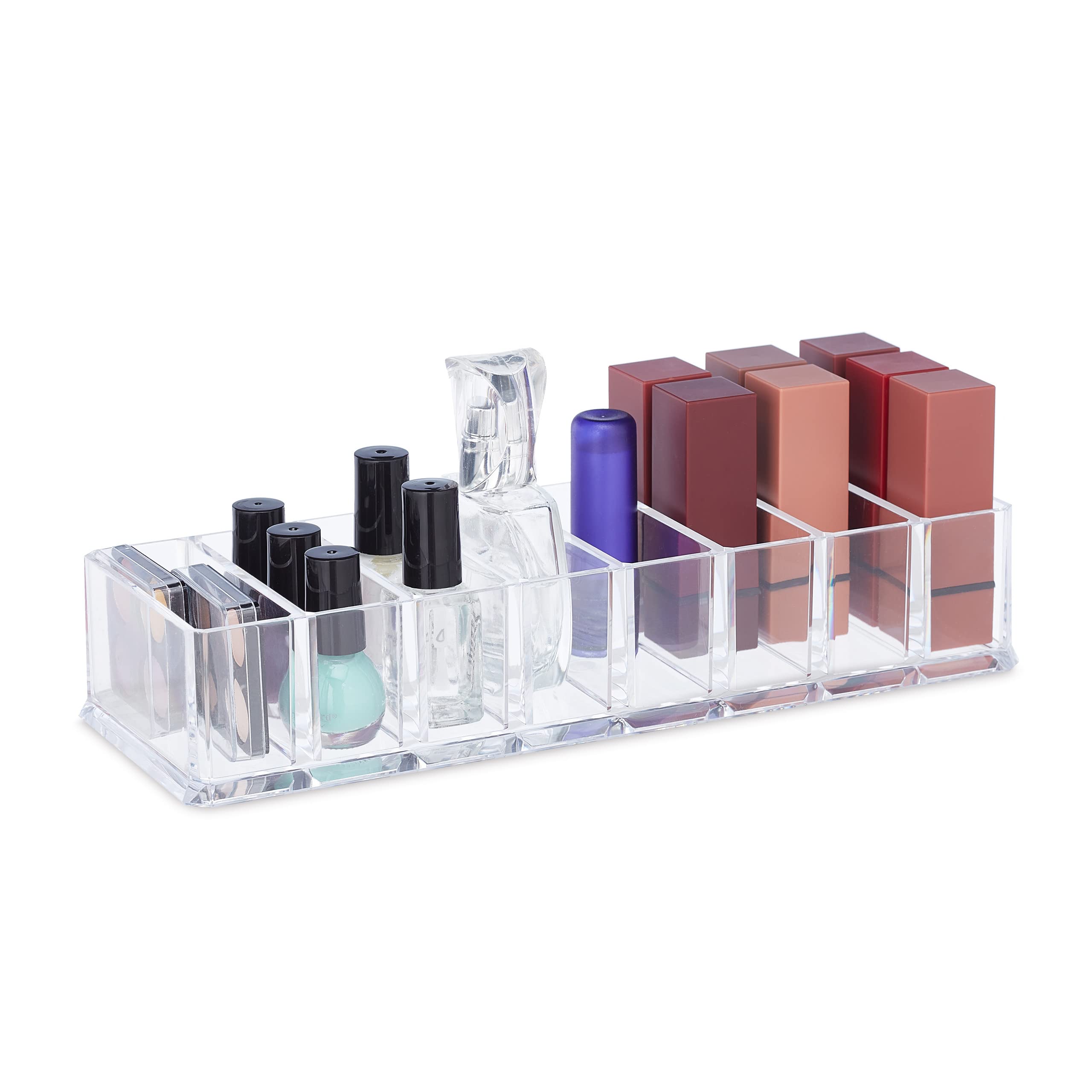 Relaxdays Plastic Organiser Box, Open, Acrylic, Makeup, Office, Storage, 8 Compartments, HxWxD: 5x25.5x9cm, Transparent