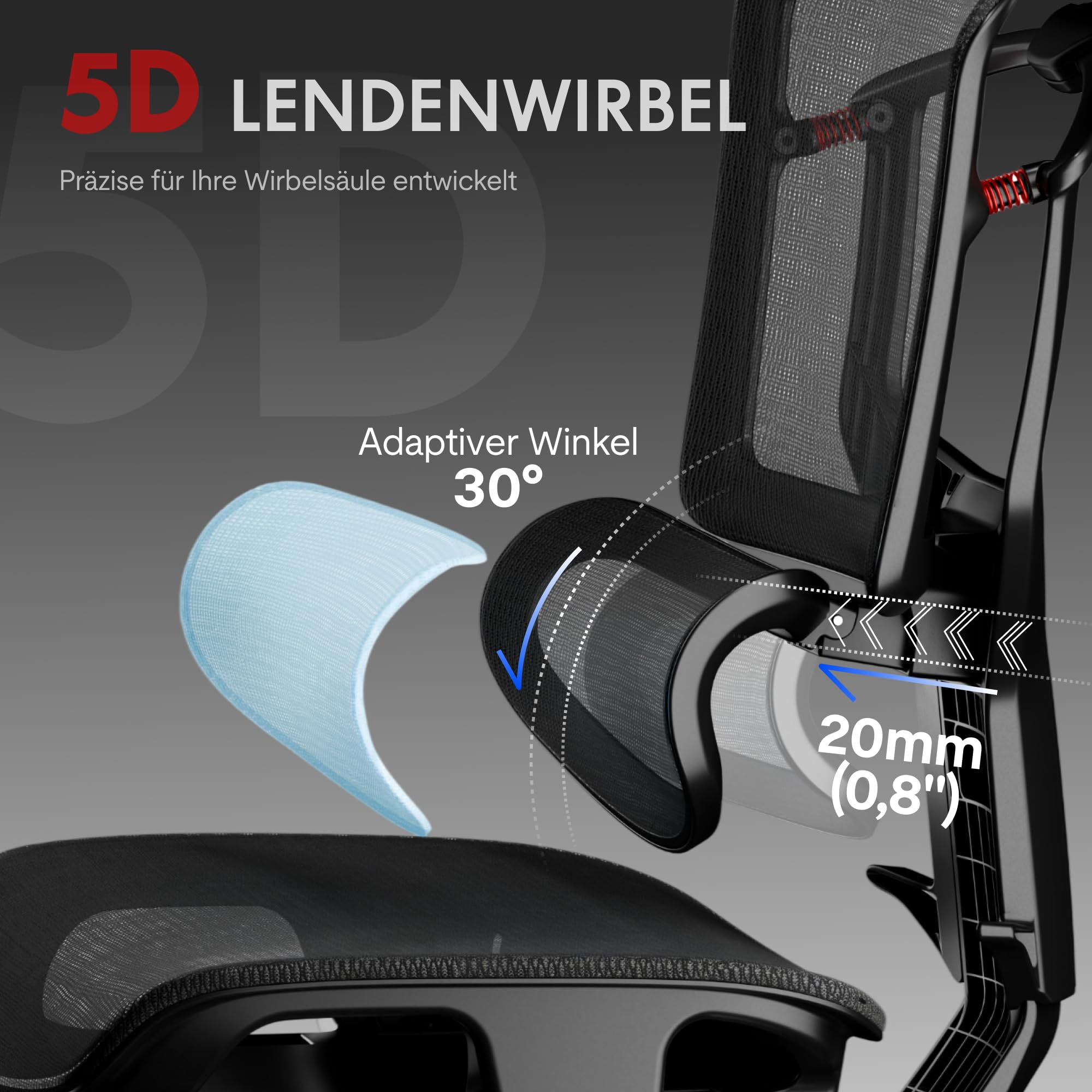 FLEXISPOT ErgoX Pro Ergonomischer Bürostuhl mit ausziehbarer Fußstütze, 12-stufiger Höhenverstellung, 7D-Armlehnen, 5D-Lendenstütze, 4D-Kopfstütze, 250 kg Belastbarkeit Netzsitz (Schwarz) 8