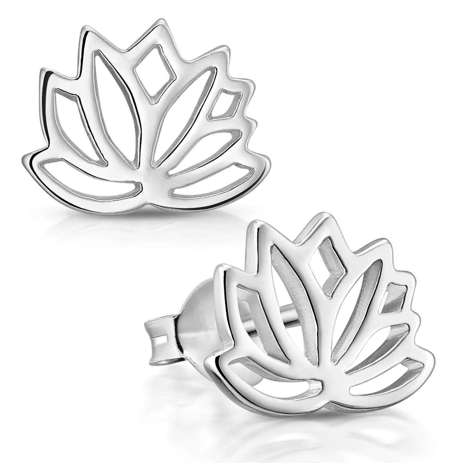 Materia Women's Stud Earrings Lotus Flower Flat 925 Sterling Silver Lotus Jewellery in Silver or Gold-Plated, Metal
