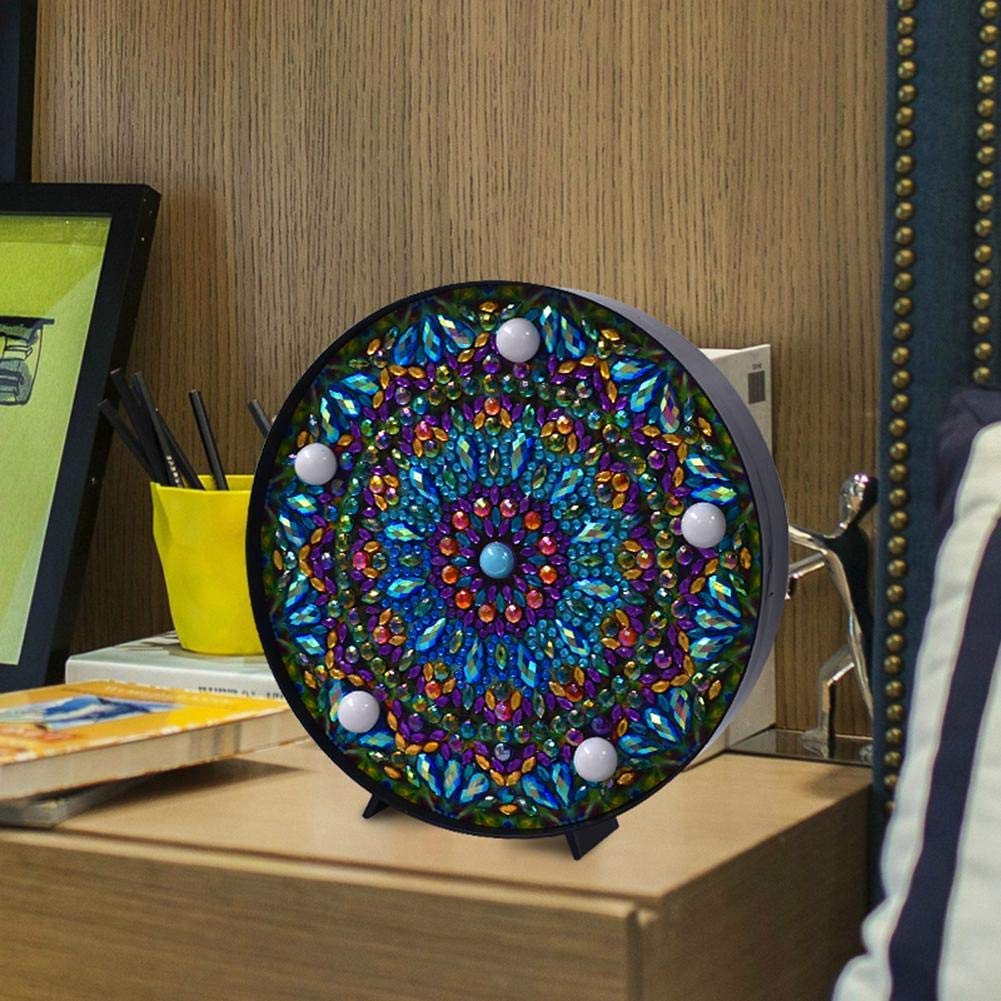 YOBEYI Diamond Painting Mandala with LED Lights Special Shaped Full Drill Crystal DIY Diamond Drawing Colorful Night Light Bedside Lamp for Home Decor or Gifts-6x6in (Mandala-D)